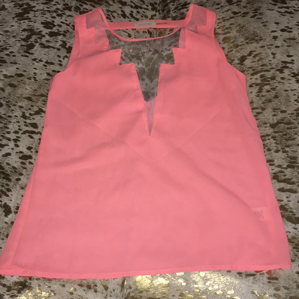 Bright coral low cut sheer top and open v back S